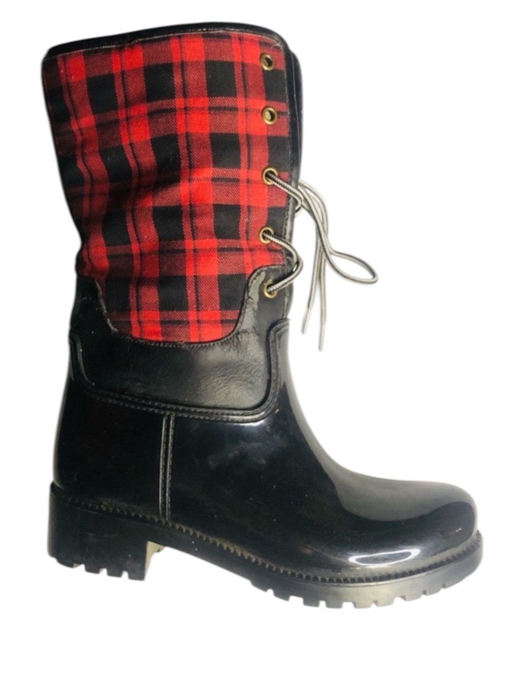 Black & Red Buffalo Plaid Spring Rain Boots Shearling Lined Women's Lace Size 8